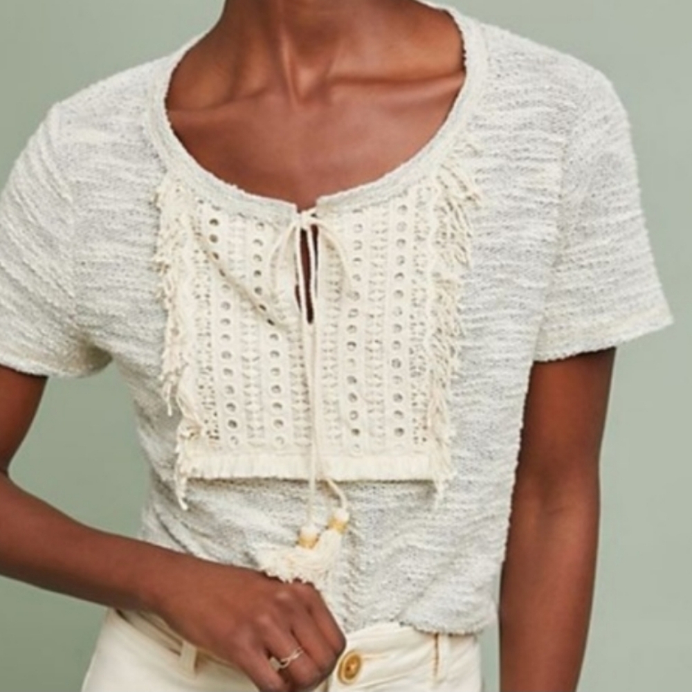 ANTHROPOLOGIE Eri + Ali Beaune Crocheted Bib Front Boho Cream Top M NWT